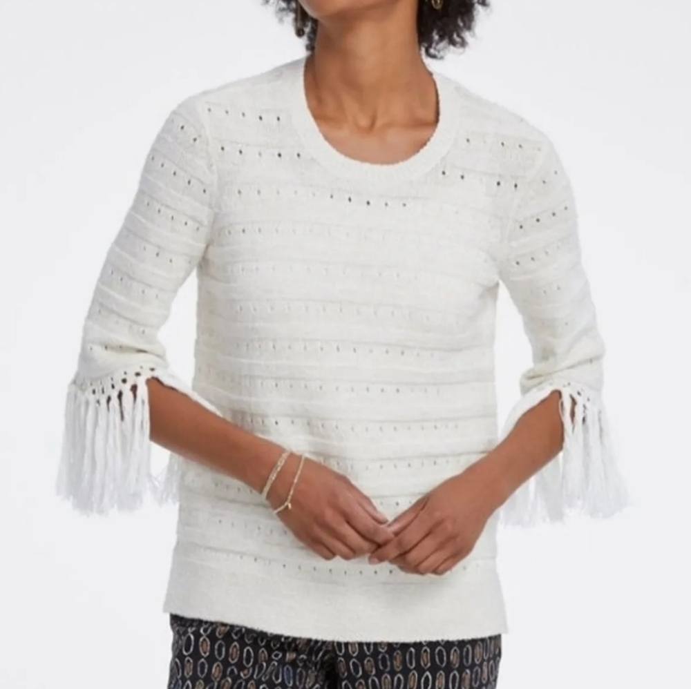 Nic+Zoe Cream Open Knit Fringe Crew Neck Sweater XL